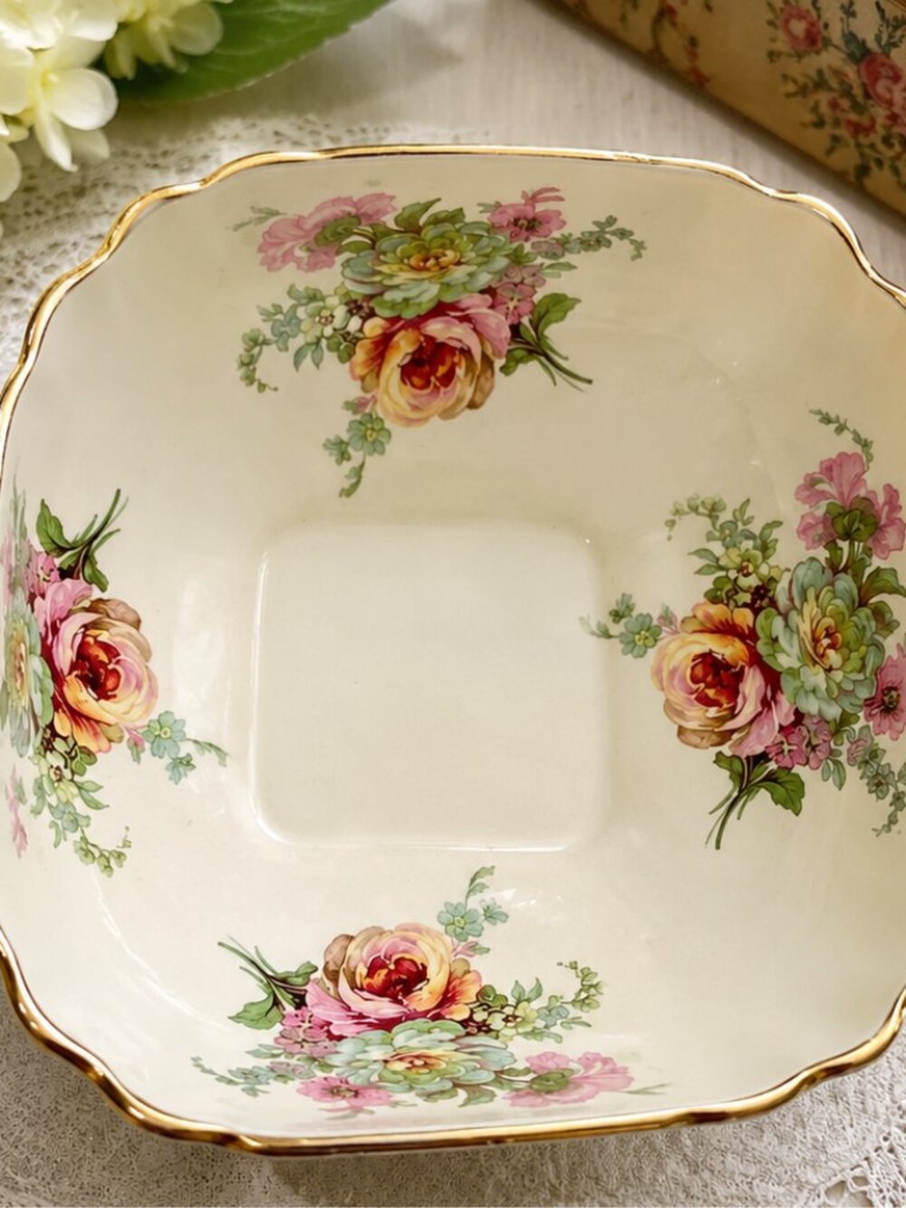 Vintage Old Foley James Kent Ltd Floral Square Bowl Gold Trim Made in England